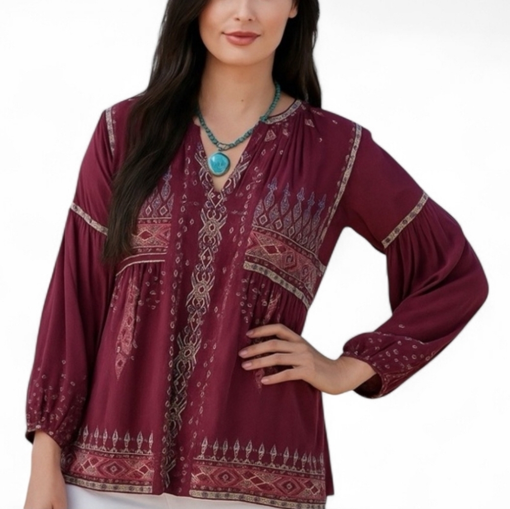 Johnny Was Deliza Burgundy Embroidered Silk  Blouse Size S Flowy